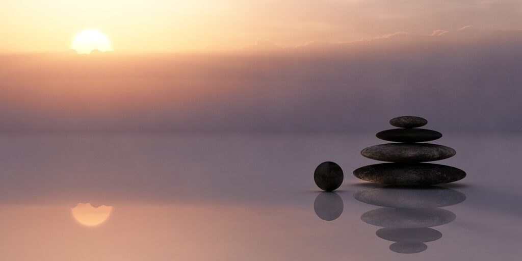 balance, stones, stack, stack of stones, reflection, mirroring, mirror image, sunset, dusk, twilight, meditation, meditate, nature, silent, sky, sun, clouds, wellness, zen